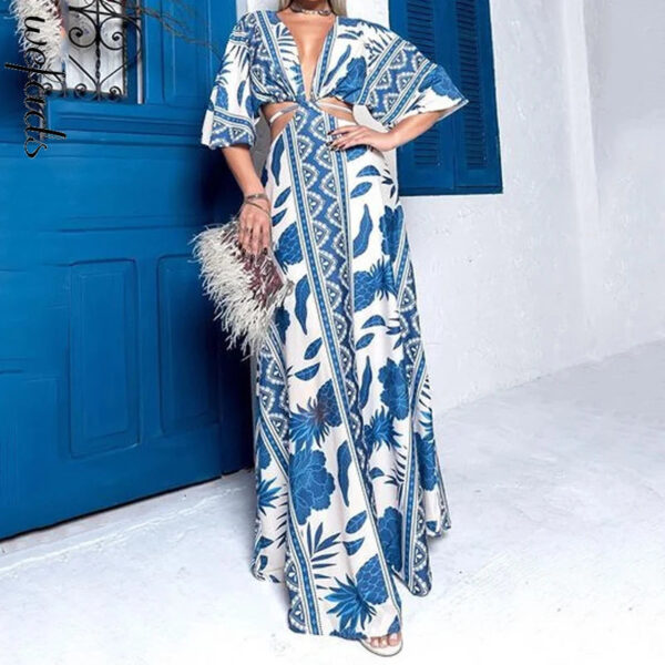 Vestido Estampa Oriental Com Decote Safira